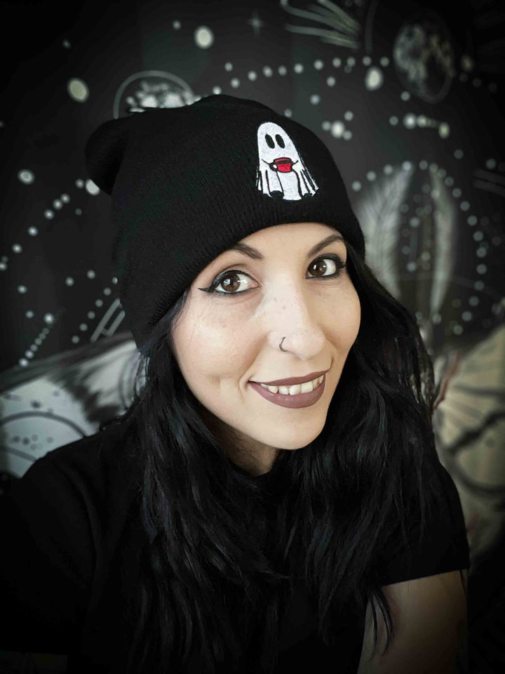 Embroidered Coffee Ghost Beanie Hat