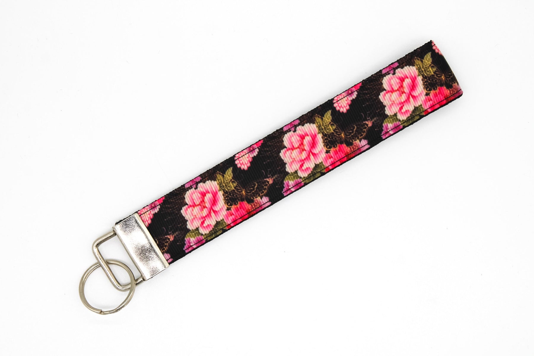 Gold Butterfly and Pink Peonies Keychain Key Fob Wristlet